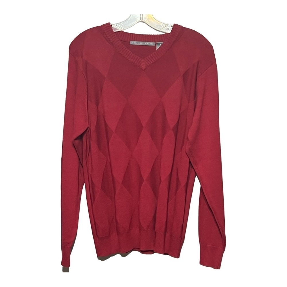Oscar de la Renta Diamond Argyle V-Neck Cotton Sweater True Red Medium Men